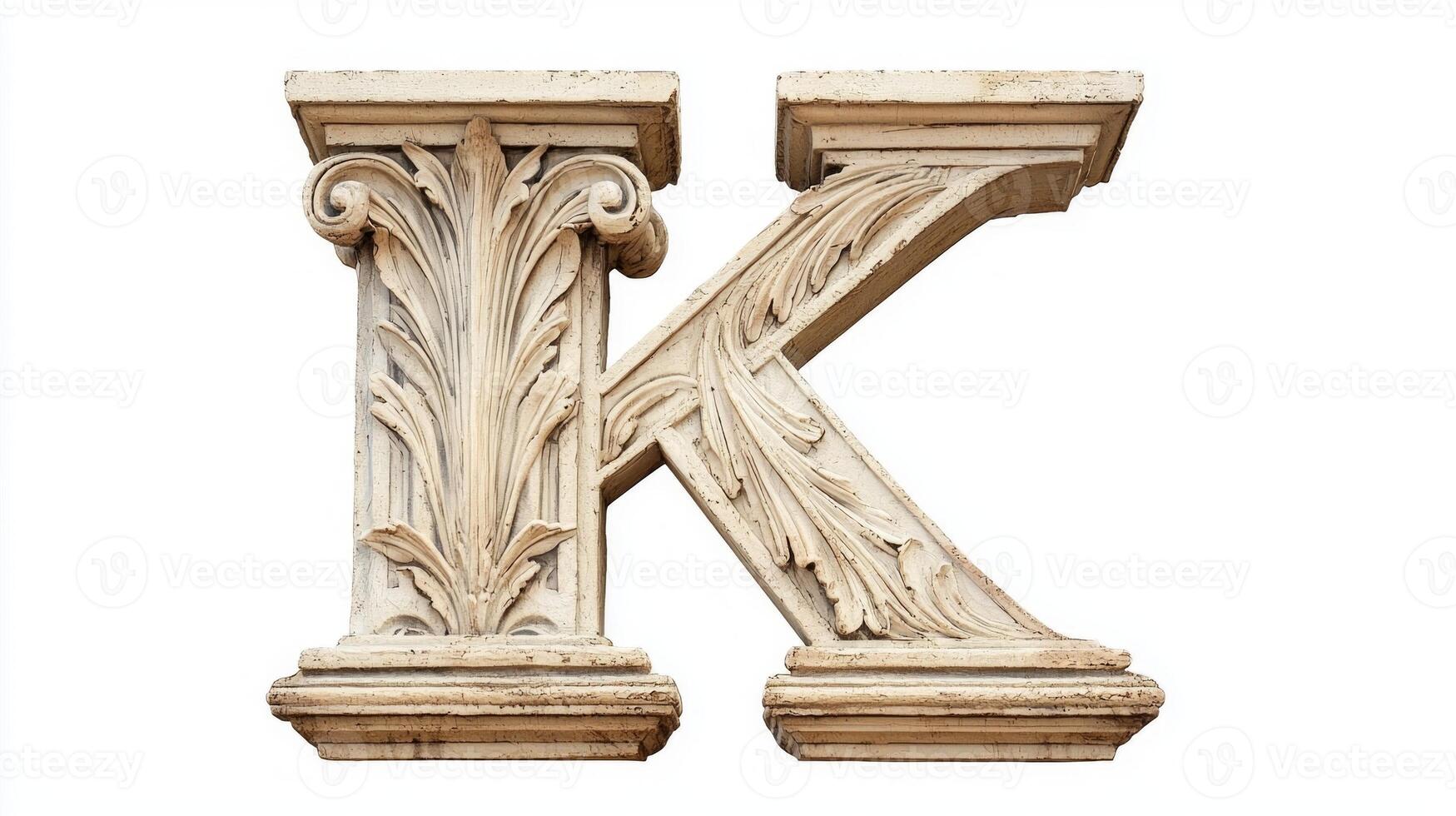 striking letter K features intricate antique column detailing, embodying a blend of classic artistry and modern aesthetics. Set against a clean white backdrop, it captivates the viewer. photo