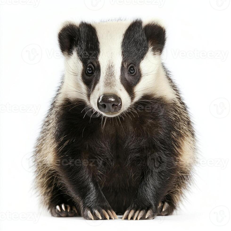 charming badger sits still, its distinctive striped face clearly visible against a clean white backdrop, showcasing its unique features and calm demeanor. photo