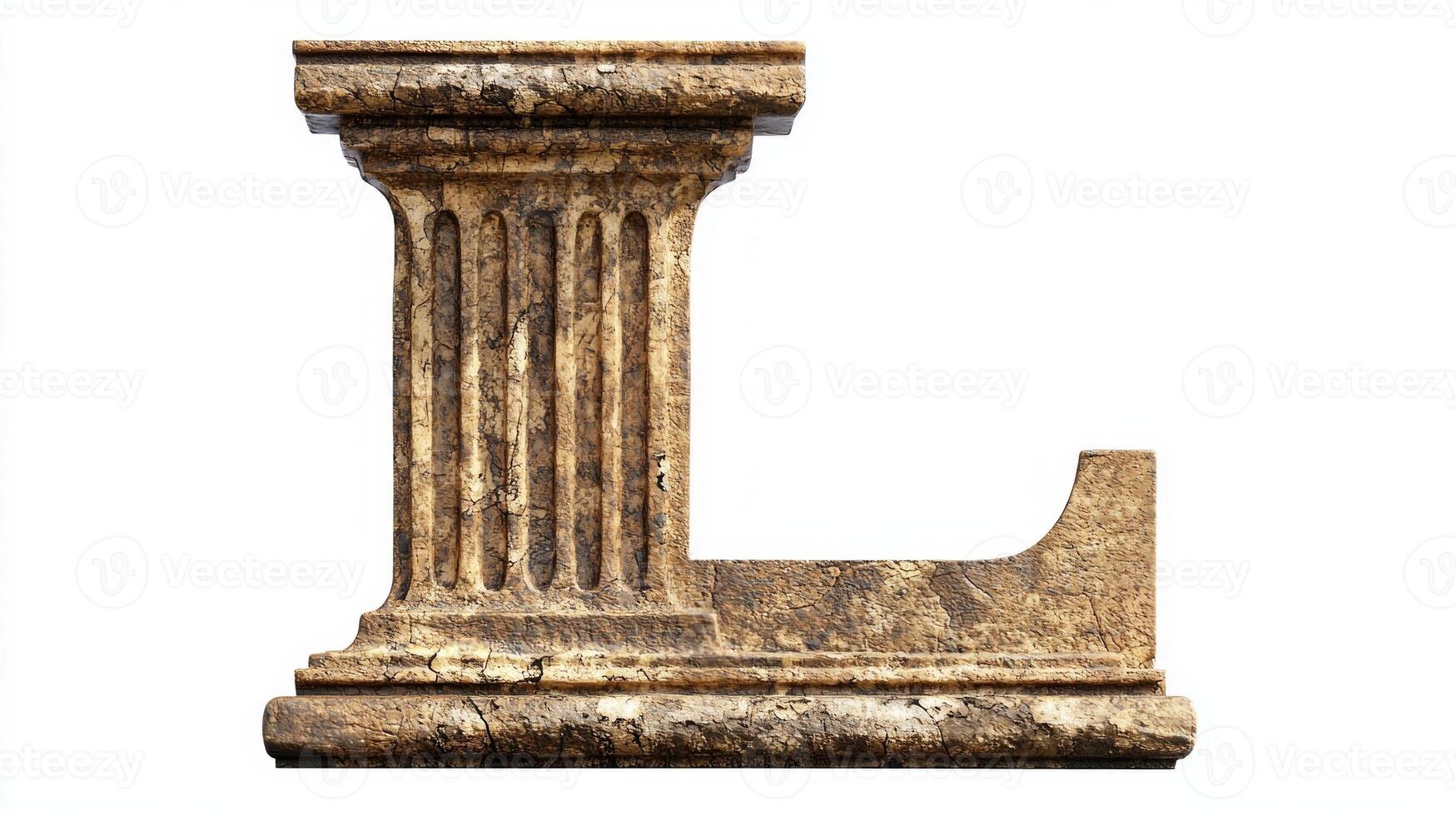 artistic representation features a beautifully aged letter L, inspired by antique column designs, isolated on a white backdrop to highlight its detailed texture and craftsmanship. photo