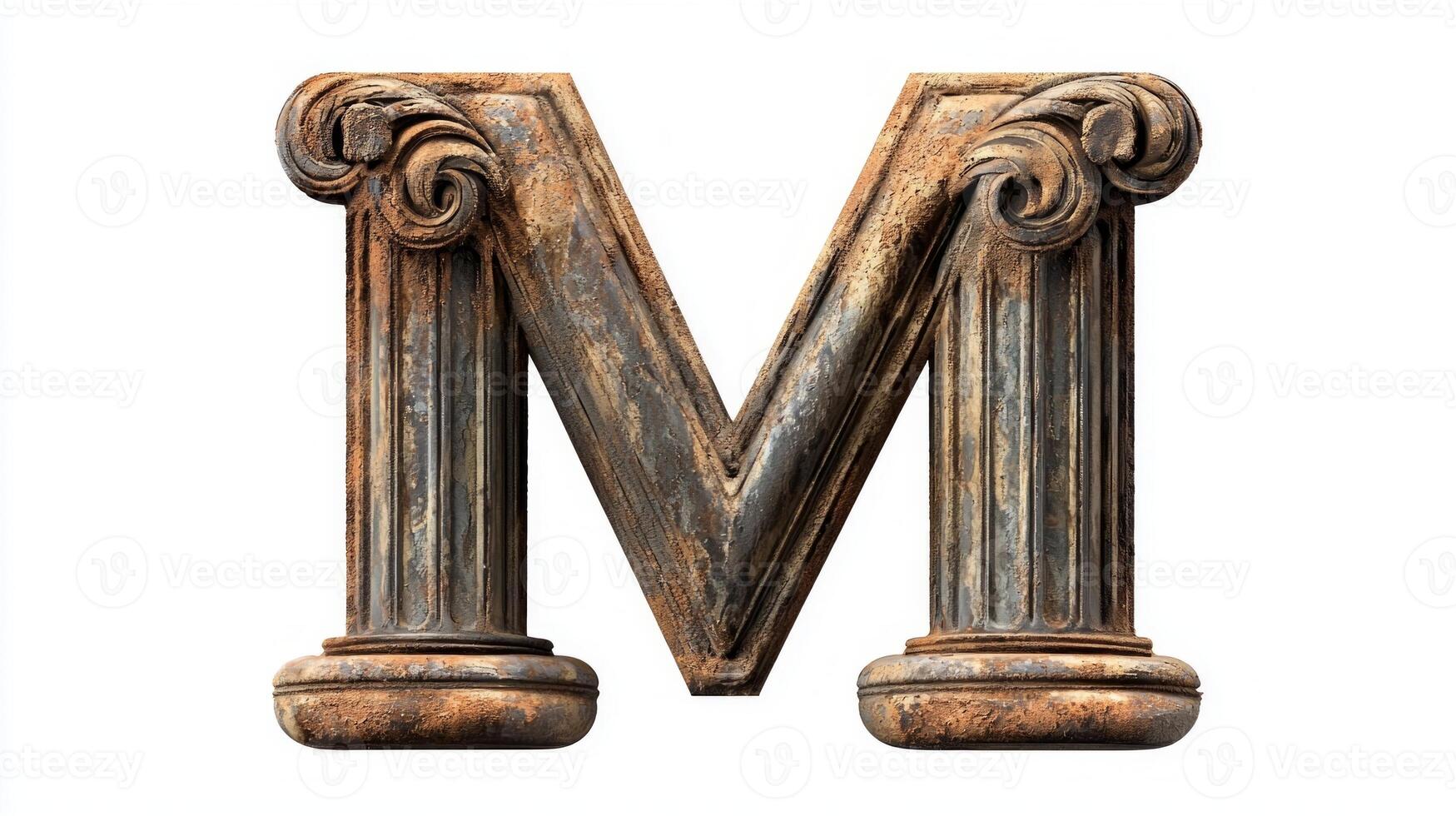 letter M stands proudly, showcasing intricate antique column details, exuding classical sophistication against a clean, white background, inviting appreciation for design. photo