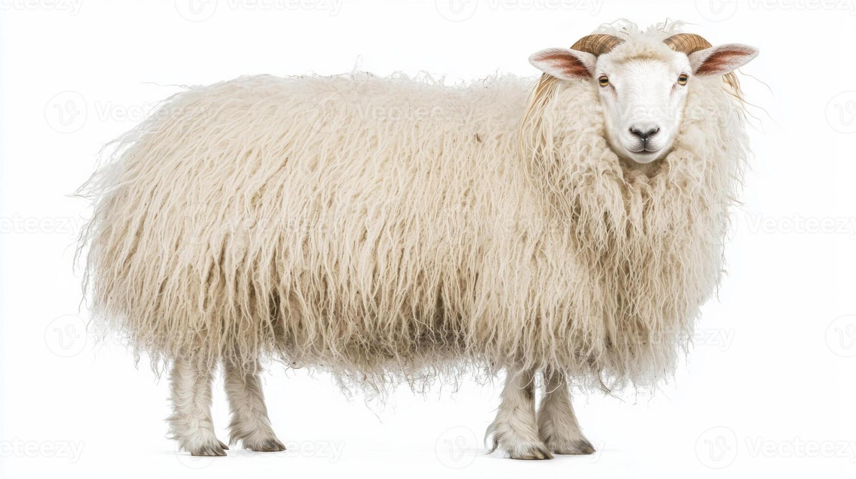 charming fluffy white sheep with a lush, woolly coat gazes forward, showcasing its unique features and soft texture, perfectly highlighting its natural beauty. photo