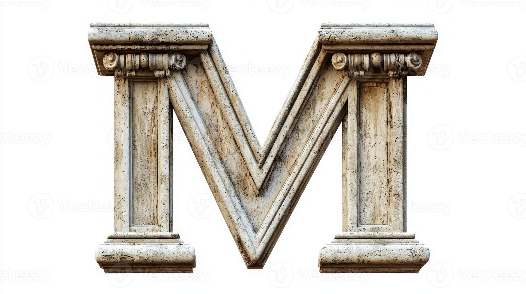 beautifully crafted letter M showcases intricate antique column textures, set against a pristine white backdrop, perfect for unique design applications and artistic inspiration. photo