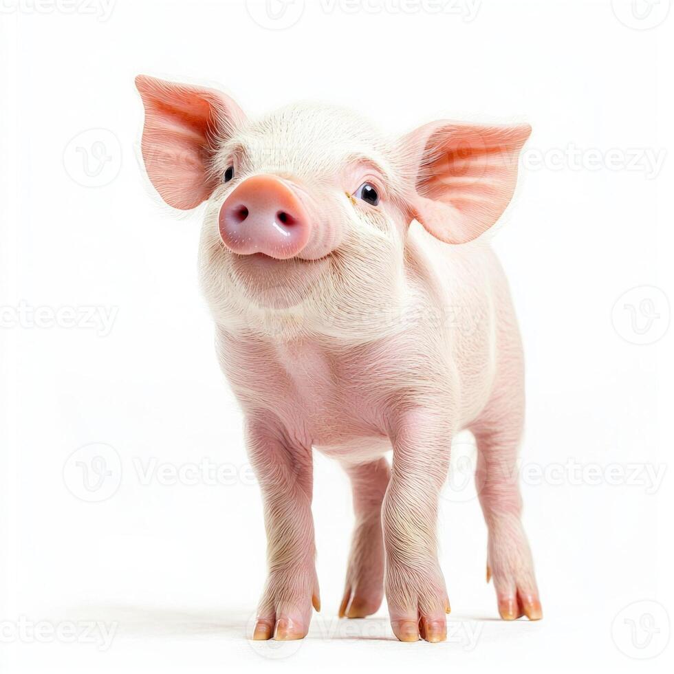 delightful piglet showcases its charm with floppy ears and a joyful expression, standing confidently on its short legs in a bright, neutral setting. photo