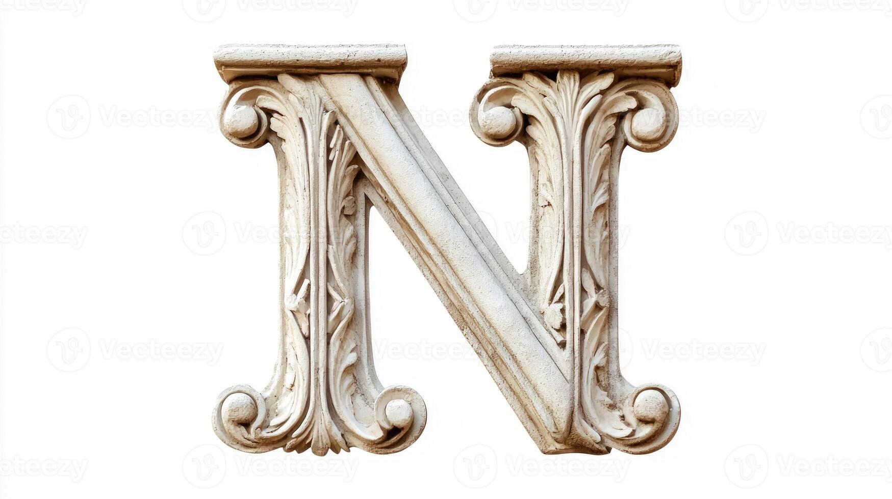 letter N is beautifully crafted with an antique column texture, showcasing intricate details against a pristine white backdrop, perfect for creative projects. photo