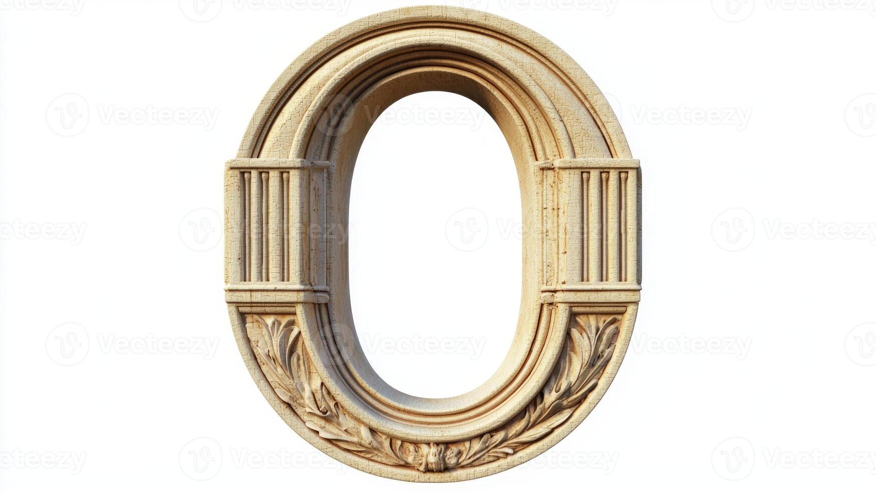 striking letter O showcases intricate antique column details, exuding elegance and timelessness, set against a pristine white backdrop perfect for artistic presentations. photo