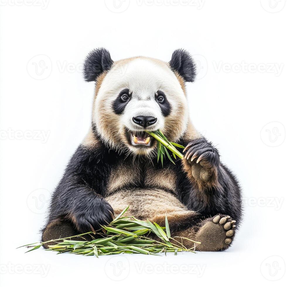delightful panda sits comfortably, munching on fresh bamboo while surrounded by a pure white backdrop. Its contented expression showcases the joy of nature. photo