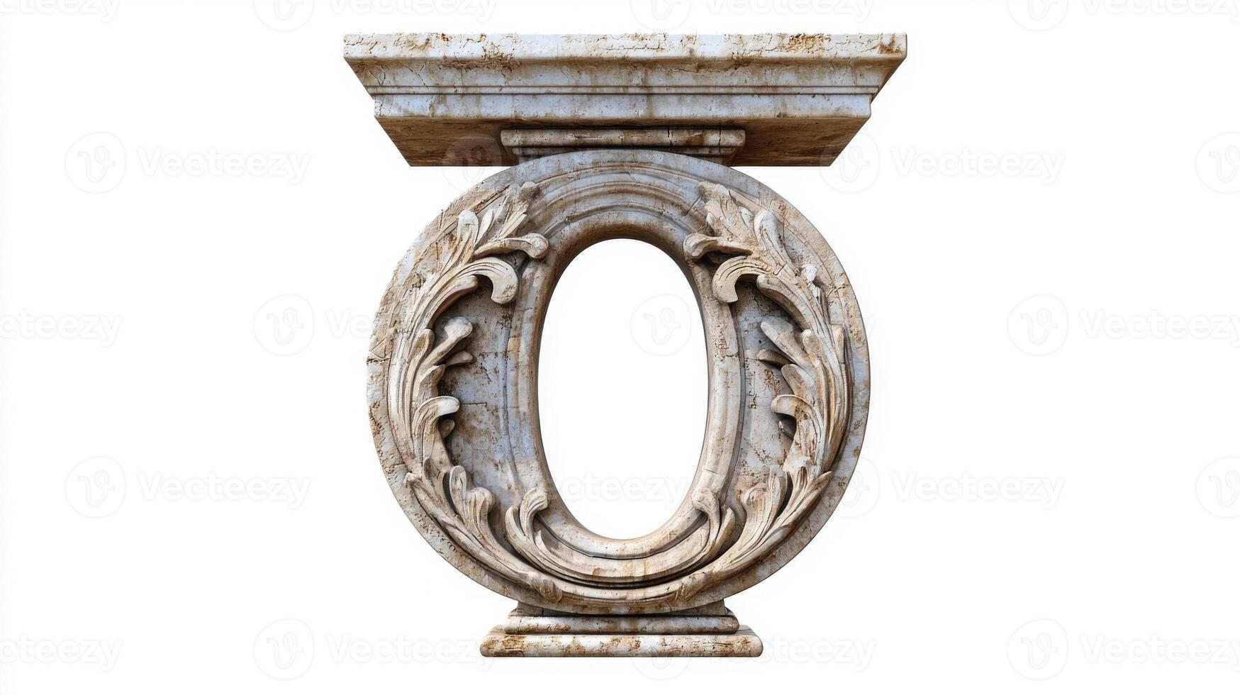 letter O is presented in an antique column style, showcasing detailed textures that evoke a sense of history and artistry against a bright white backdrop. photo