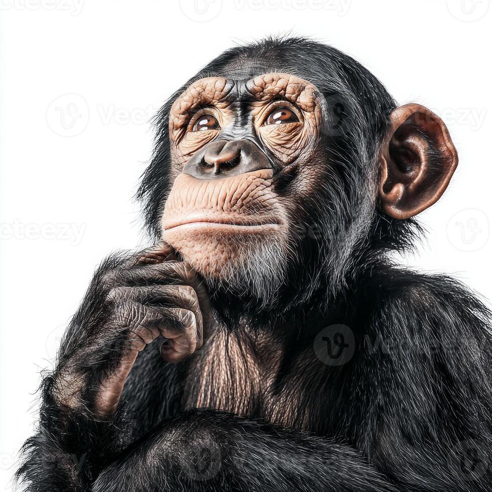 chimpanzee sits contemplatively, resting its chin on its hand, wearing a thoughtful expression that captures a moment of introspection. The bright white background highlights its features. photo
