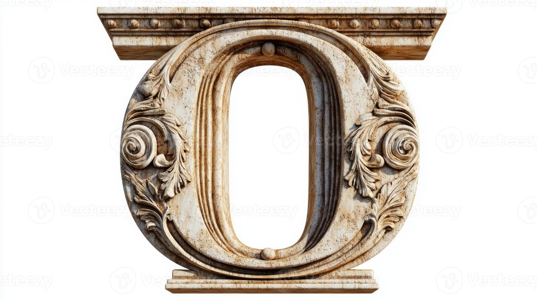 letter O emerges in a striking antique design, featuring intricate column-like textures and decorative embellishments, set against an immaculate white background. photo