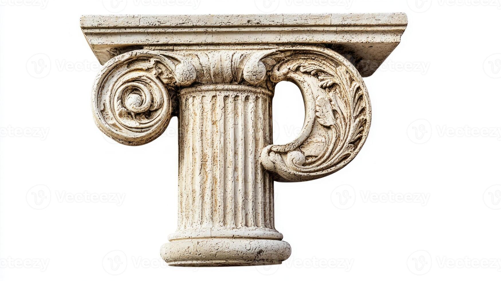 letter P, crafted from an antique column design, showcases intricate details in its structure. Set against a pristine white backdrop, it highlights the beauty of classical artistry. photo