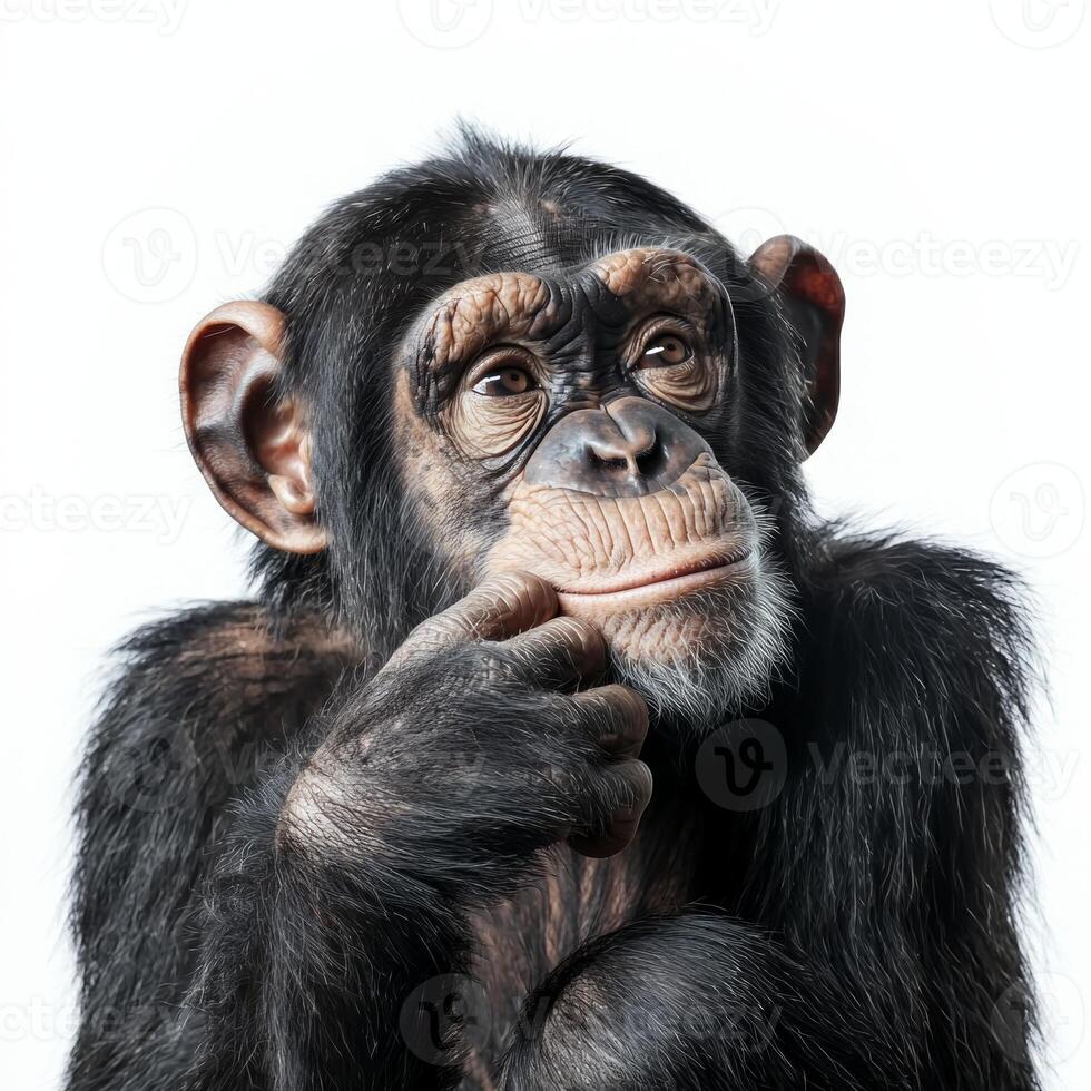 curious chimpanzee rests its chin on its hand, displaying a thoughtful expression as it gazes into the distance, captured in an isolated setting. photo