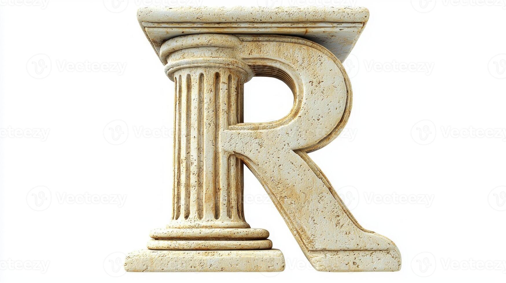 letter R stands majestically, sculpted from an antique column texture, conveying a sense of history and artistry against a clean white background, inviting admiration and creativity. photo
