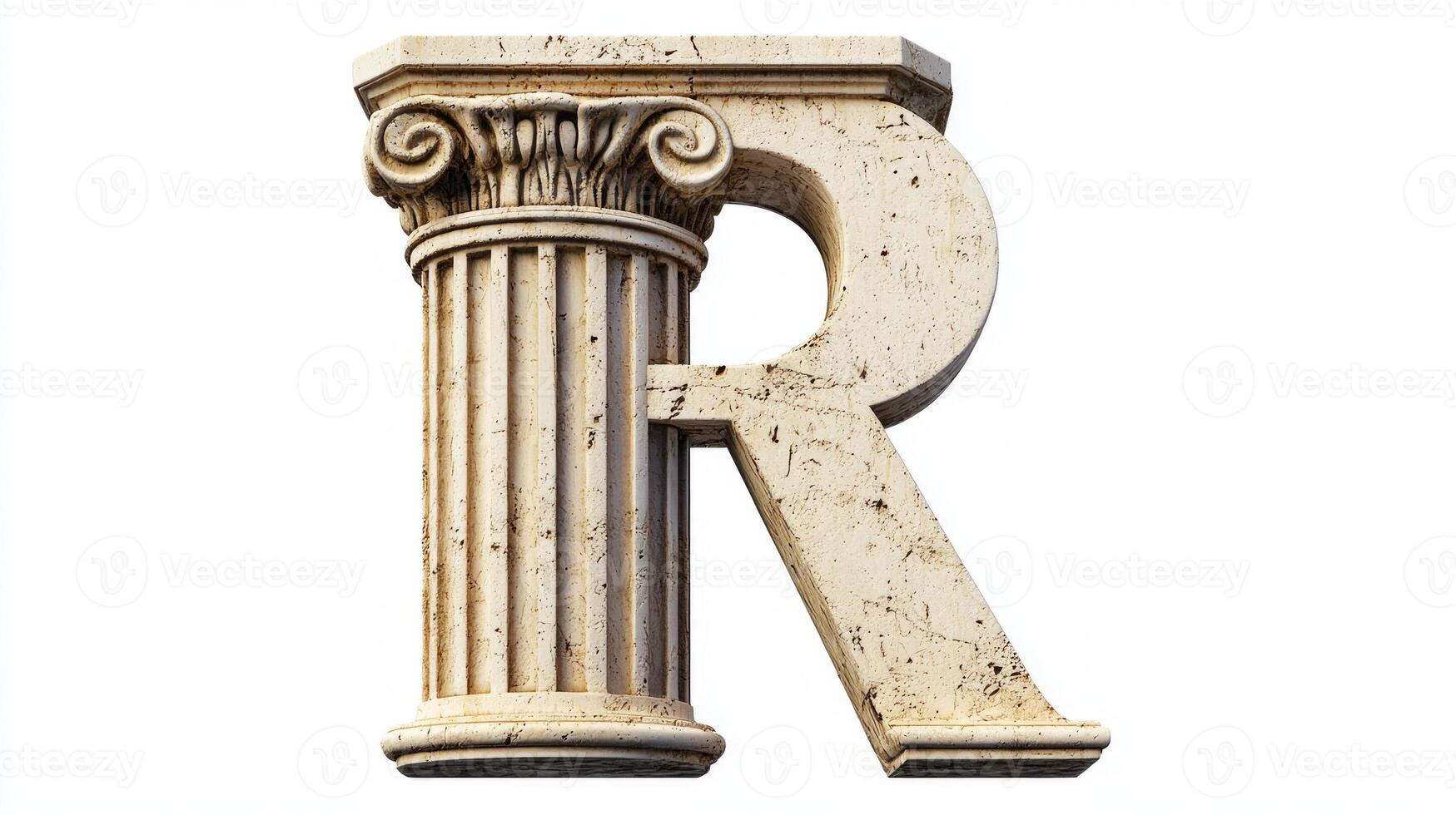 letter R is artistically crafted with an antique column texture, offering a classic elegance that stands out against a white backdrop, ideal for artistic presentations. photo
