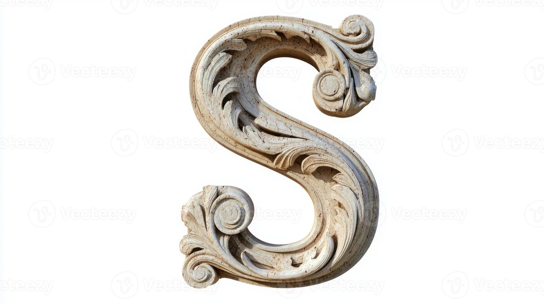 elegant letter S features a beautifully carved antique column texture, showcasing artistic details against a pristine white background, highlighting its unique aesthetic appeal. photo