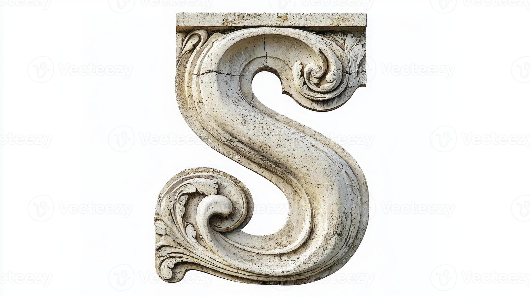 antique letter S, finely crafted with ornate column detailing, stands out against a pristine white background, evoking sophistication and timeless artistry. photo