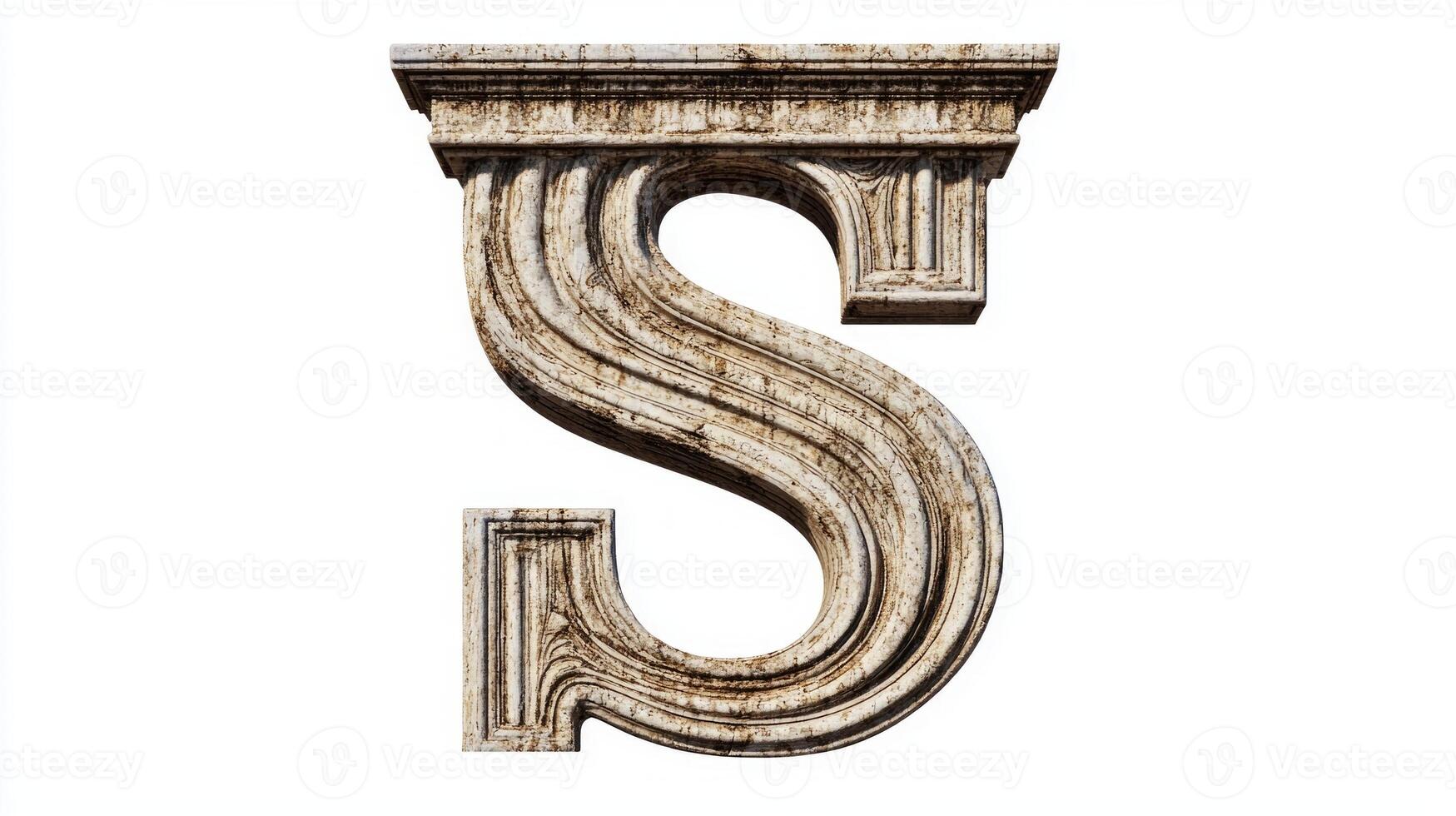 elegant letter S, crafted with an antique column texture, stands prominently against a white background, showcasing its detailed artistry and historical charm. photo