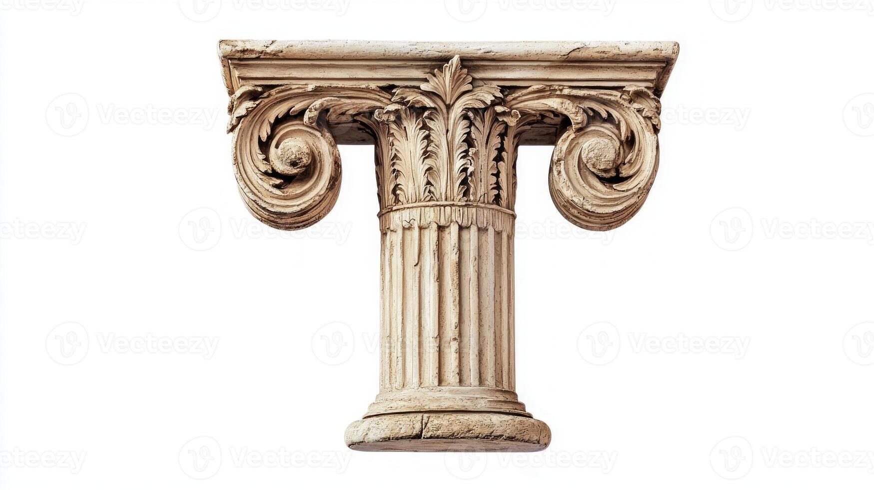 artwork features a beautifully detailed letter T created from an antique column design. The textured surface highlights intricate patterns and classic architectural elements. photo