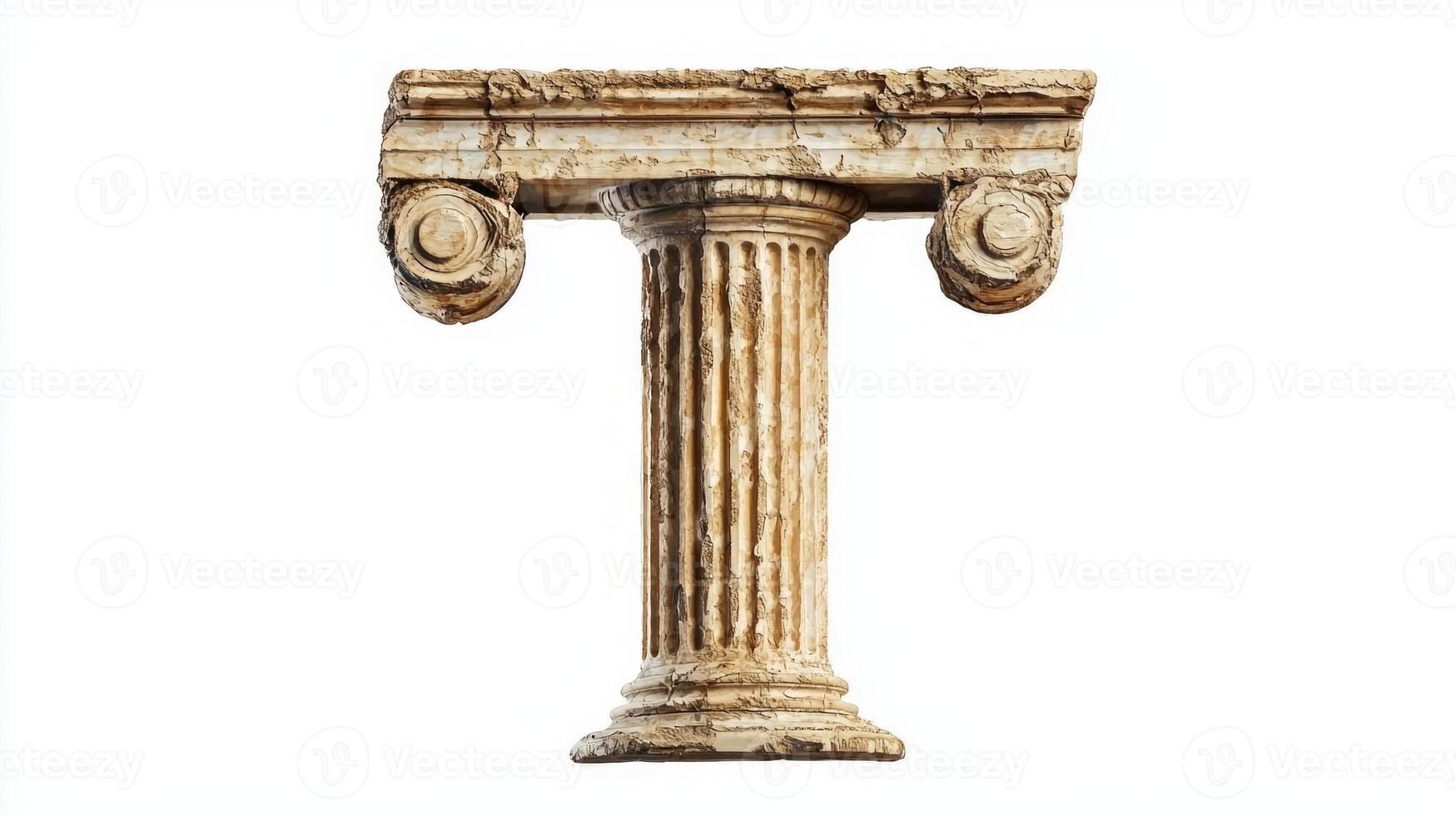 intricately designed letter T mimics the texture of an antique column, featuring a blend of elegance and history, set against a pristine white background that enhances its details. photo