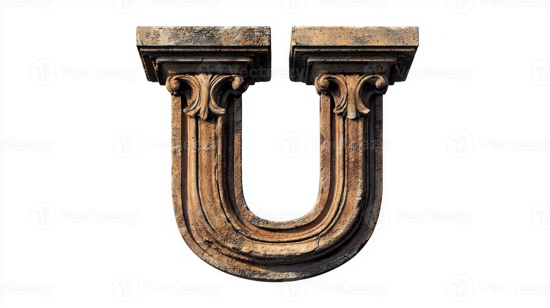 letter U displays a beautifully textured antique column design, creating an elegant and artistic representation against a pristine white background, capturing timeless craftsmanship. photo