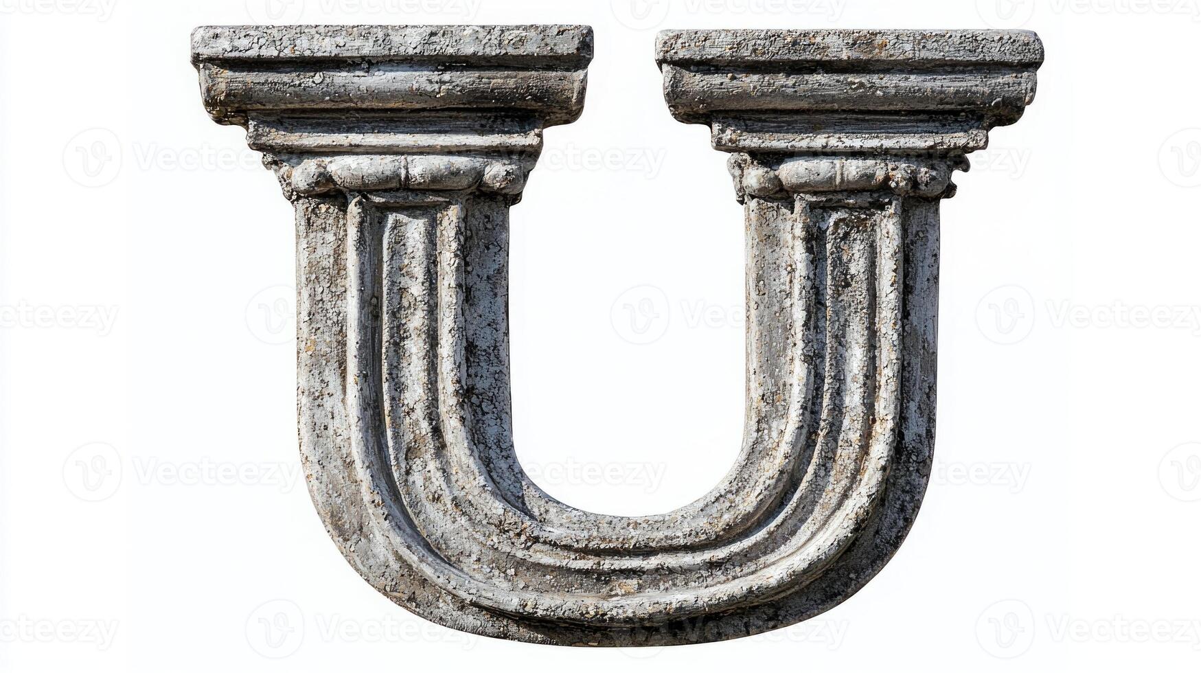 letter U, crafted from antique column materials, features detailed textures and a timeless quality, standing out vividly against a clean, white backdrop. photo