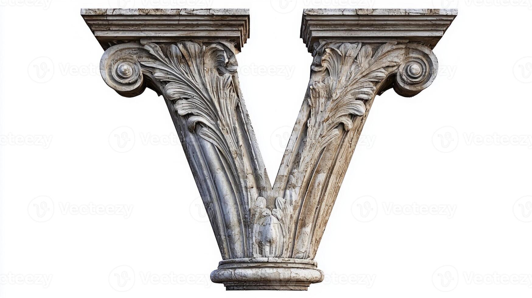 striking letter V features an exquisite antique column texture, exuding artistic elegance. It stands out against a clean white background, perfect for creative projects. photo