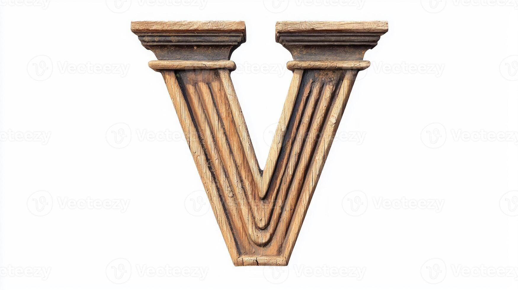 striking letter V showcases an intricate antique column texture, evoking a sense of history and artistry against a pure white backdrop, perfect for creative projects. photo