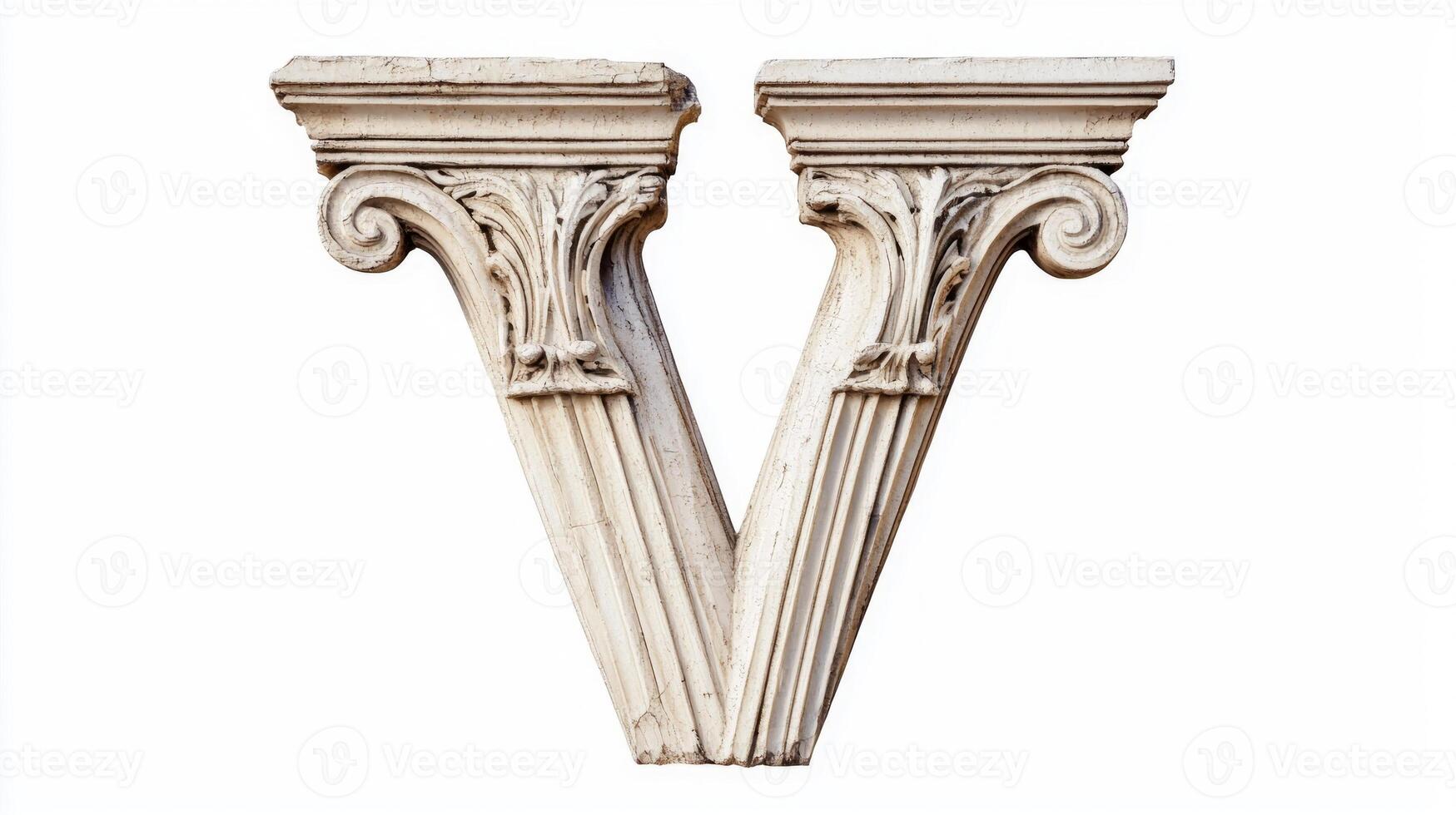 Delve into a stunning representation of the letter V, crafted with an elaborate antique column texture, perfect for artistic projects and design inspiration. photo
