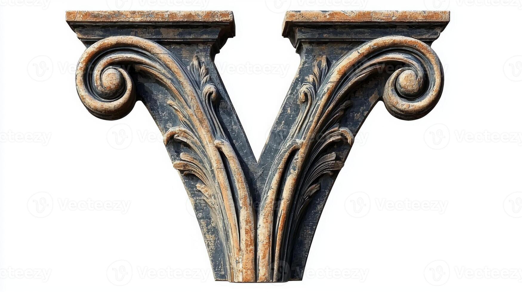 vintage letter V stands out with intricate column-like detailing, capturing the elegance of classic design against a clean white background, perfect for artistic use. photo