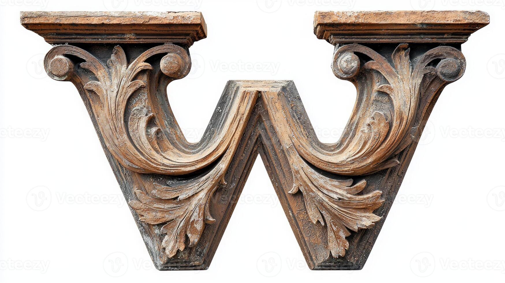 striking letter V features intricate antique column textures, carefully crafted to highlight its unique design against a pristine white background. Perfect for artistic endeavors. photo