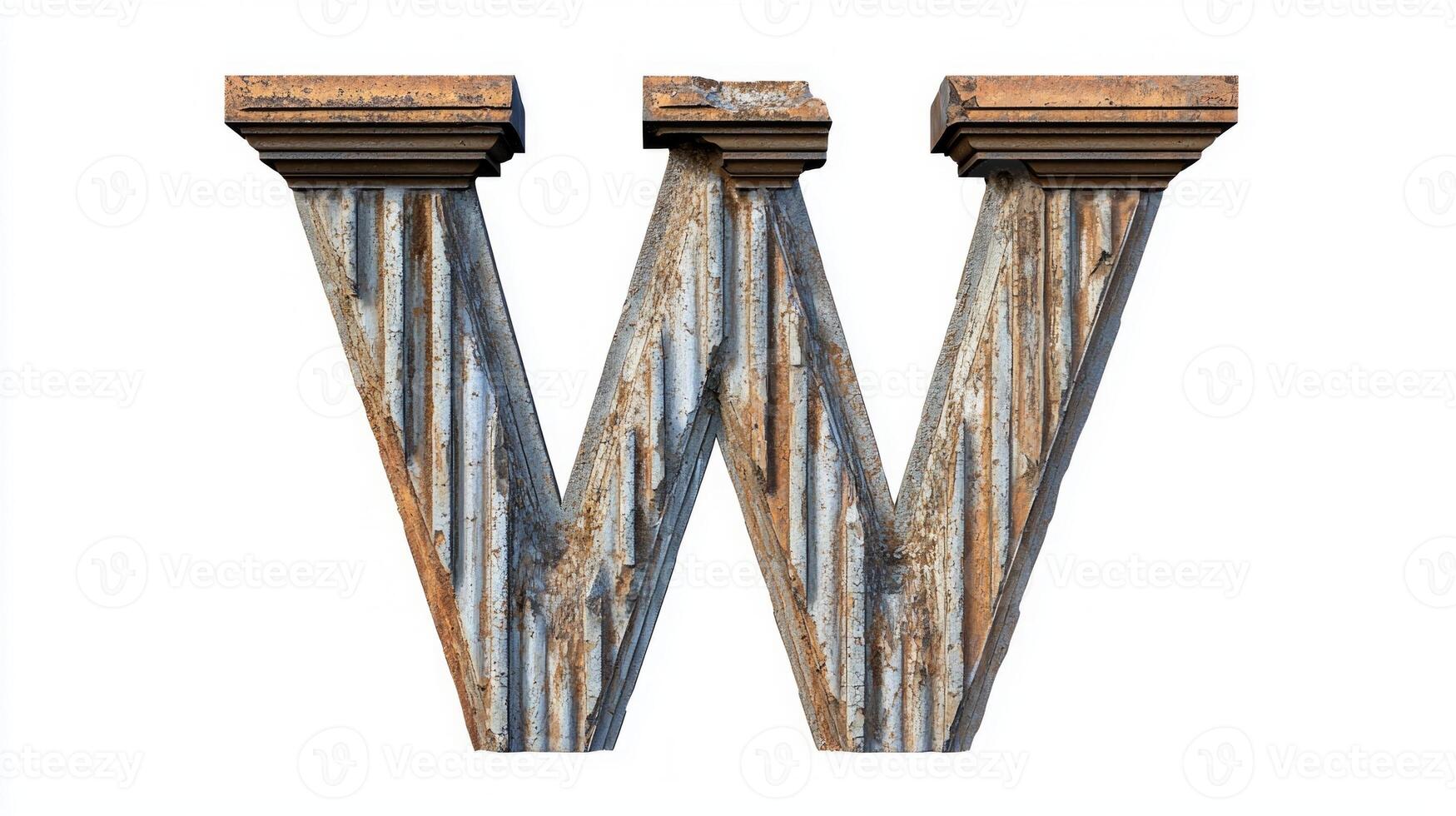 letter W stands tall, featuring a beautifully aged column texture, displaying rustic colors and intricate carvings, perfectly isolated on a white background. photo