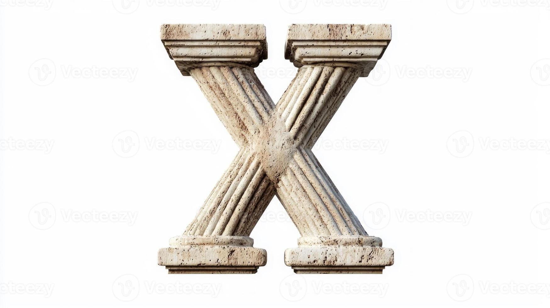 intricately designed letter X crafted from antique column texture stands proudly against a clean white backdrop, highlighting its artistic beauty and historical significance. photo