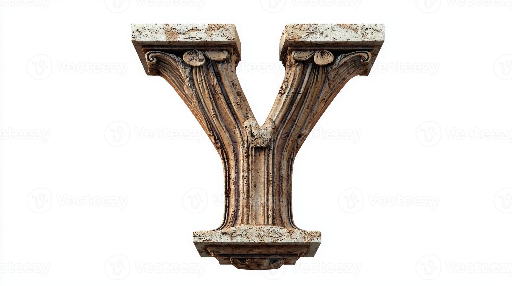 striking representation of the letter Y showcases an antique column texture, blending classical elegance with modern simplicity against a clean white background, ideal for design projects. photo