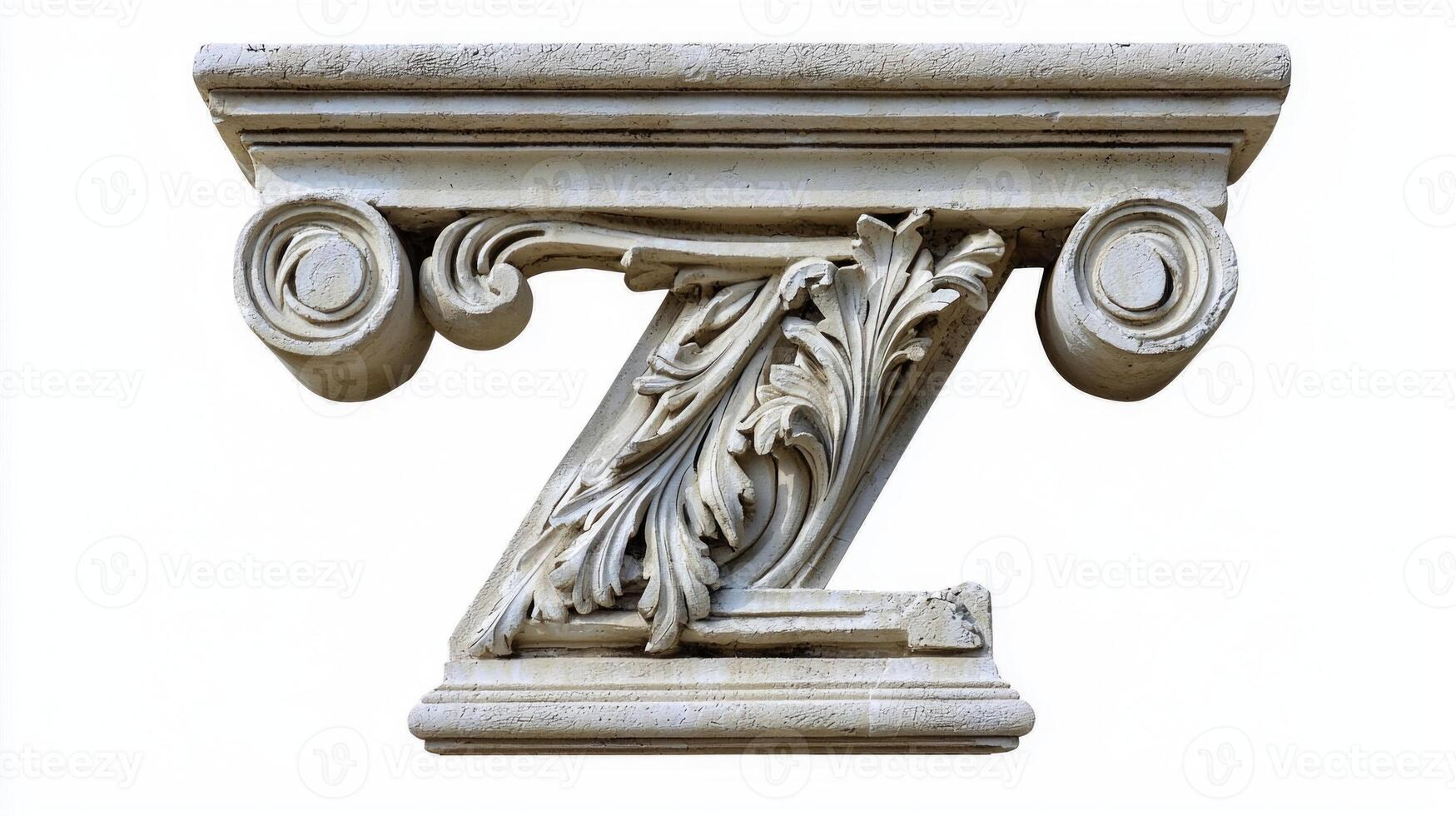 letter Z emerges from an antique column design, displaying ornate carvings of leaves and scrolls, set against a clean white background that highlights its craftsmanship. photo