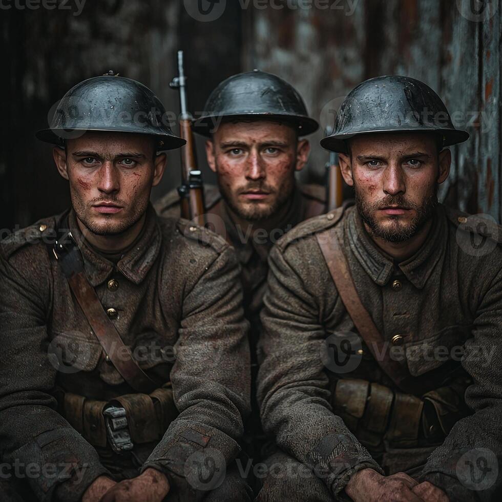 Three soldiers of the First World War sit together in a trench holding rifles and exuding a serious demeanor. Their rugged uniforms and expressions reflect the challenges of combat. photo