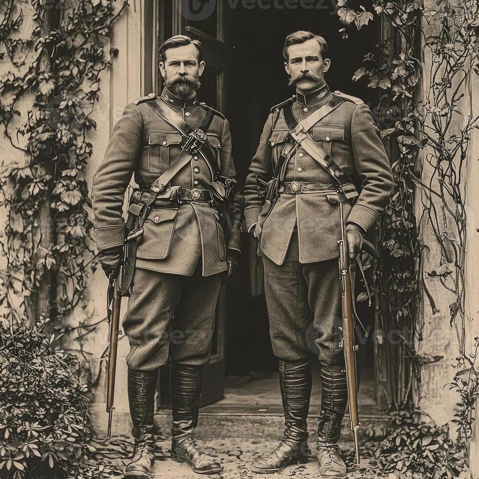 Two soldiers stand at attention showcasing their rifles and military gear as they pose for a newspaper. The image reflects the valor of World War I troops in period attire. photo