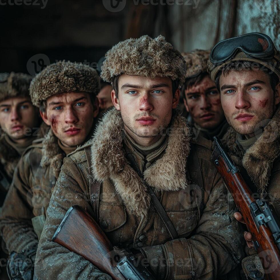 group of soldiers from World War I stands together showcasing their expressions and military gear. The men wear heavy clothing reflecting the eras harsh conditions. photo