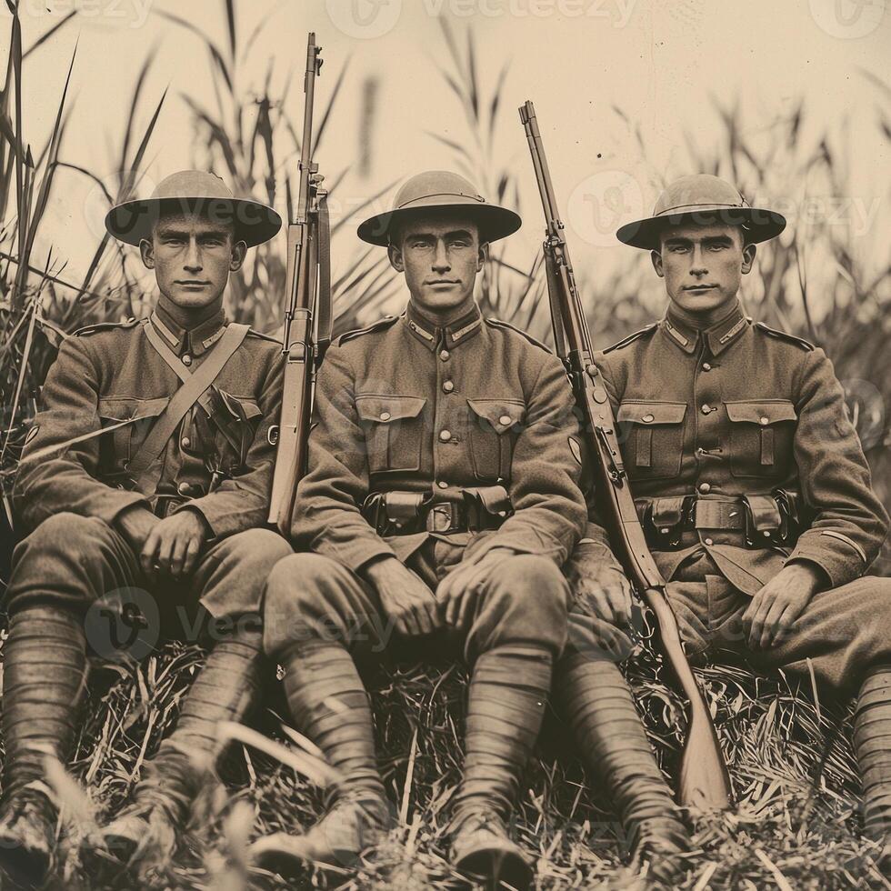 Three World War I soldiers proudly pose with their rifles showcasing their uniforms and camaraderie amidst tall grass embodying a moment of resilience during the conflict. photo