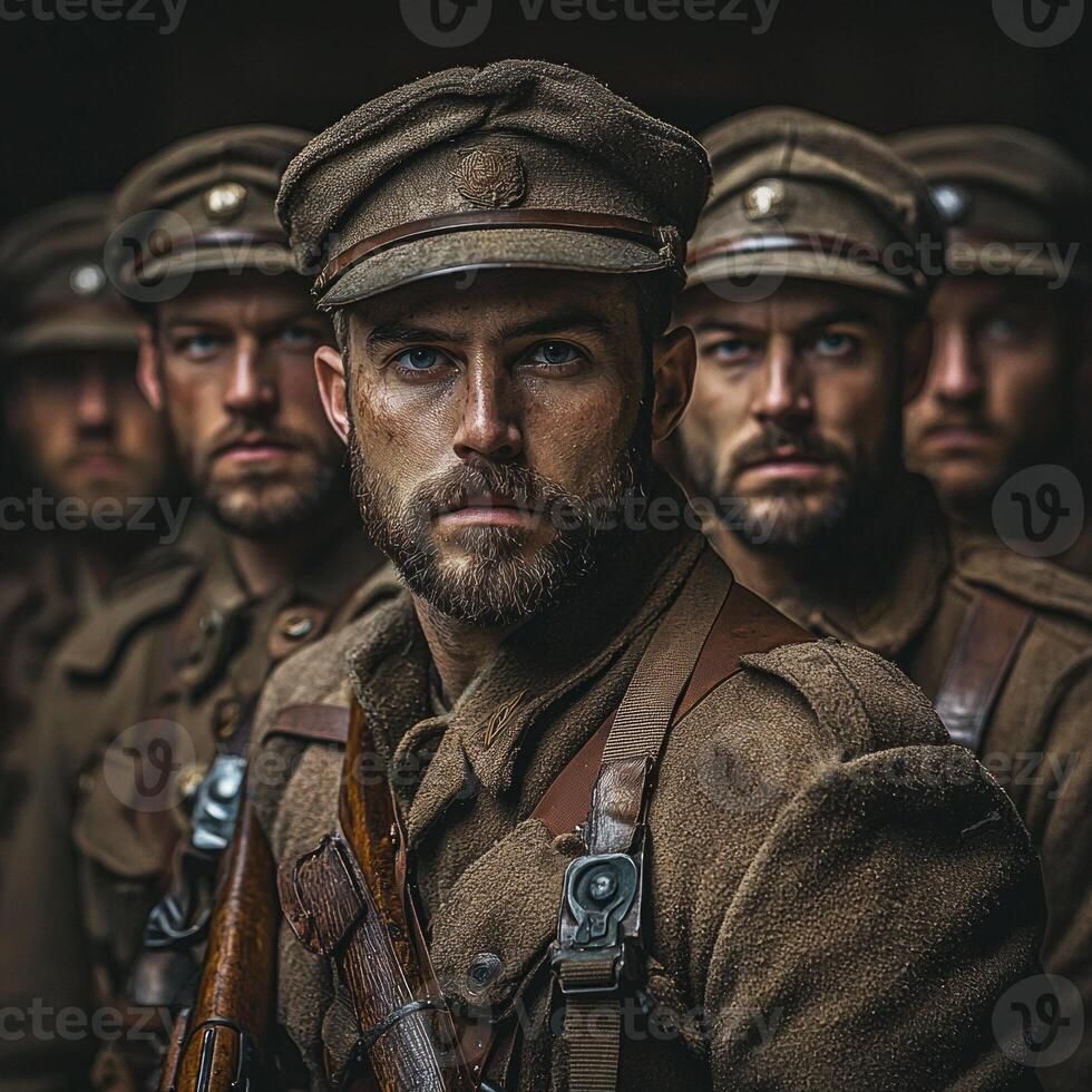 group of soldiers from World War I stands together holding their rifles depicting the bond and bravery of military service during that historical period. photo