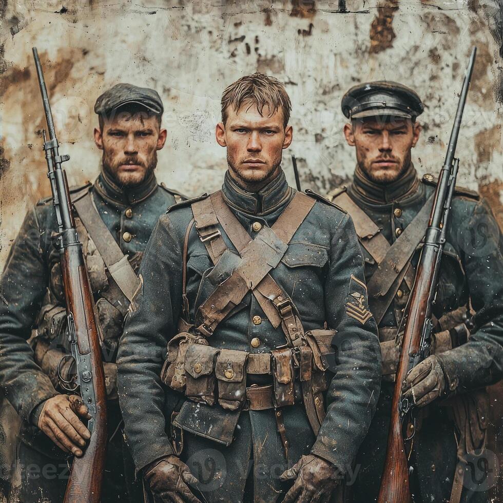 Three soldiers from the First World War stand resolutely with their rifles embodying the spirit of honor and commitment during an era of conflict. photo