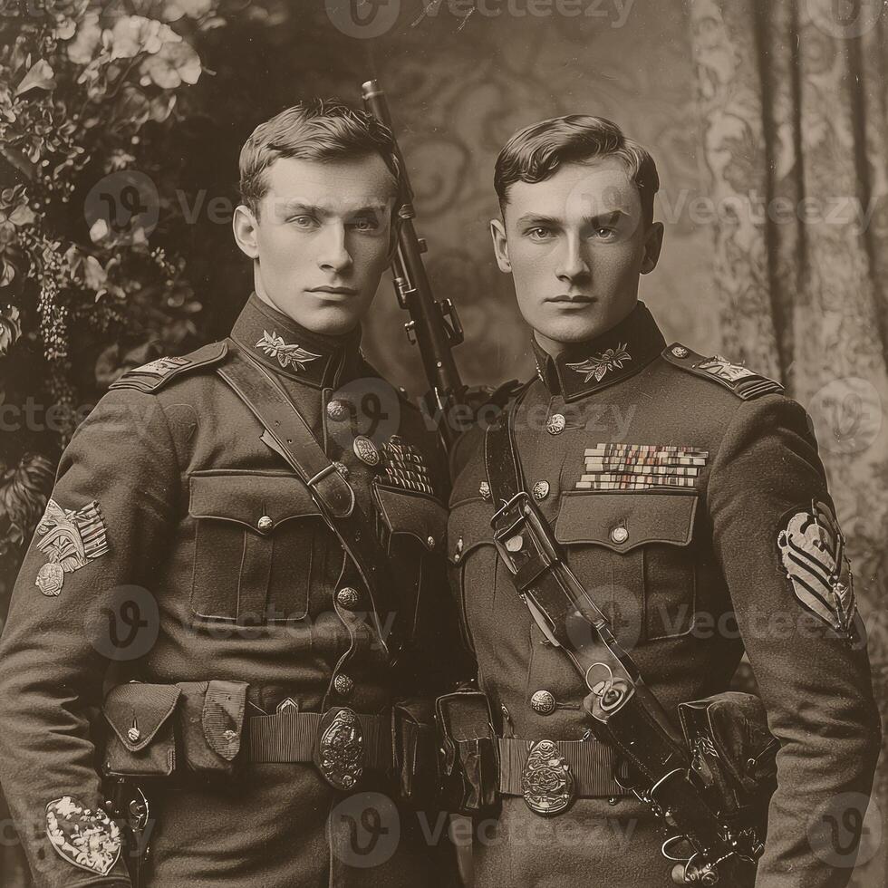 Two soldiers from the First World War stand confidently with their rifles showcasing their military attire adorned with medals captured in a vintage style for a newspaper feature. photo