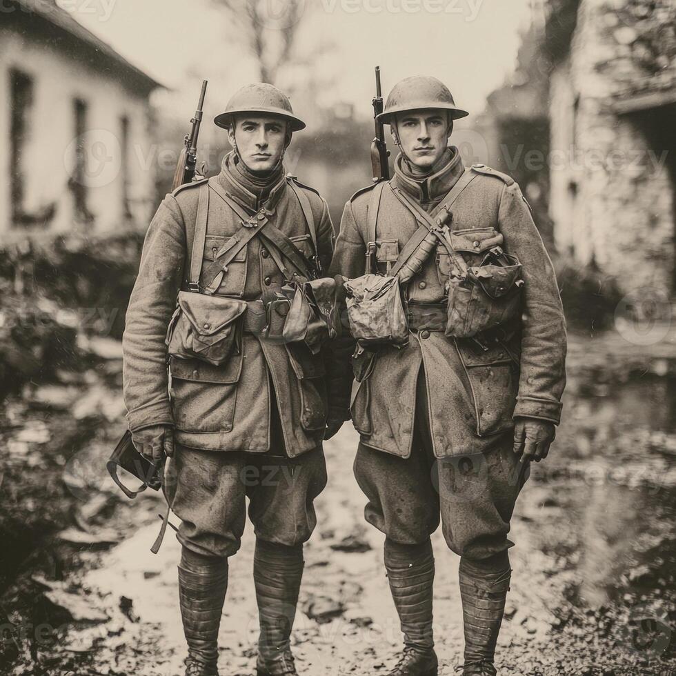 Two soldiers stand side by side dressed in wartime uniforms and holding rifles. The backdrop features a rustic setting reflective of the First World War era. photo