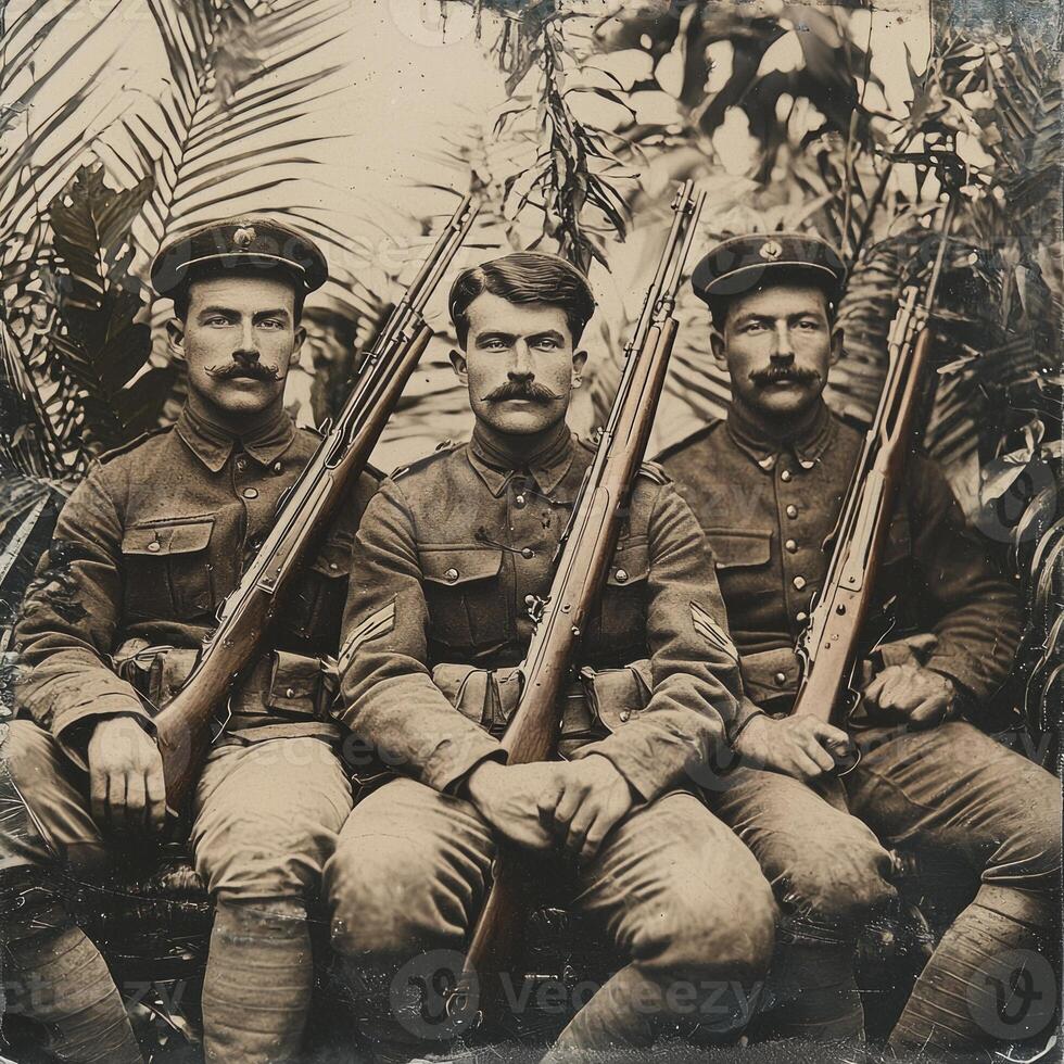 Three soldiers from World War I sit together with rifles exuding determination and camaraderie set against a backdrop of lush tropical foliage. photo