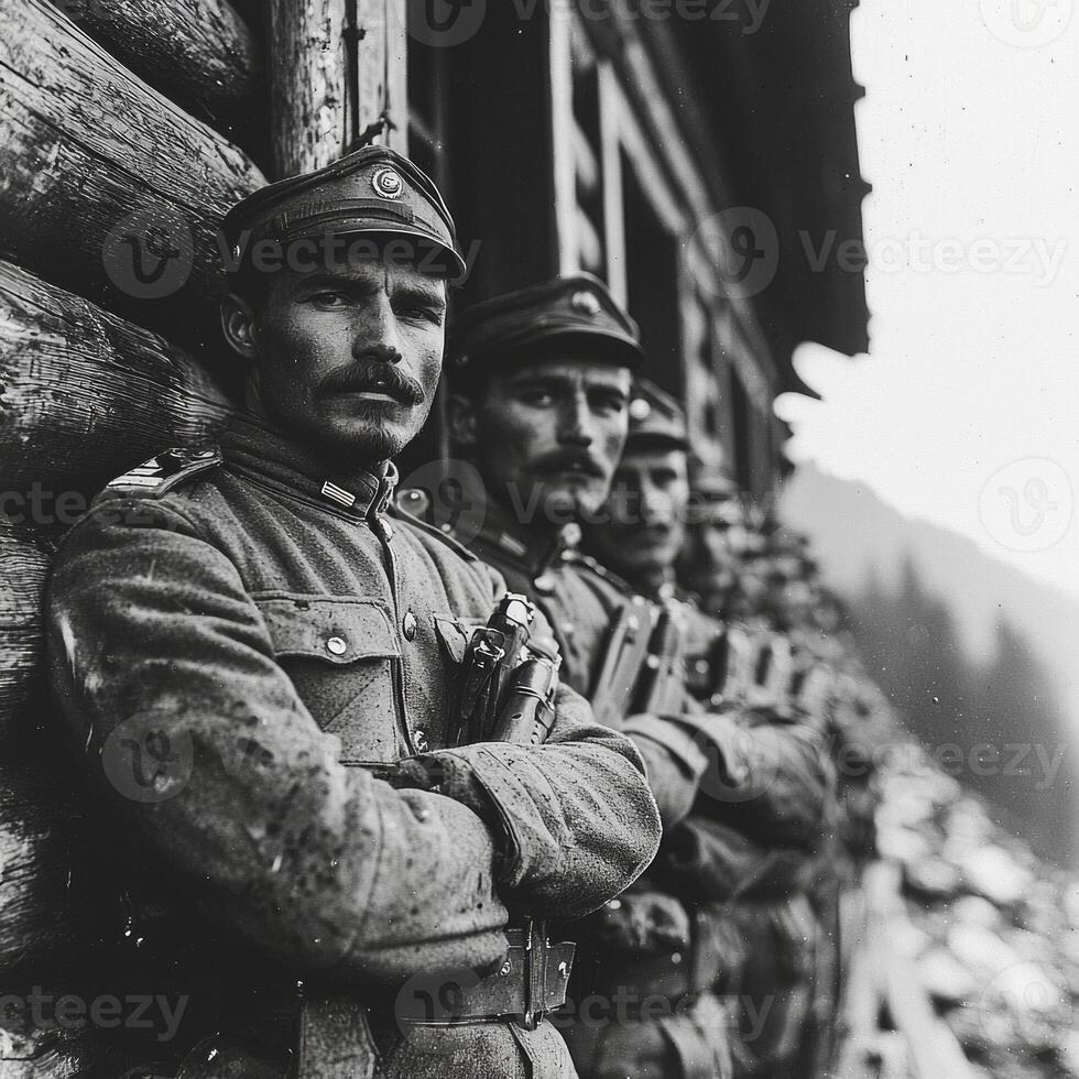 group of World War I soldiers stand confidently with their weapons outside a wooden structure embodying the spirit of camaraderie and duty during the conflict. photo