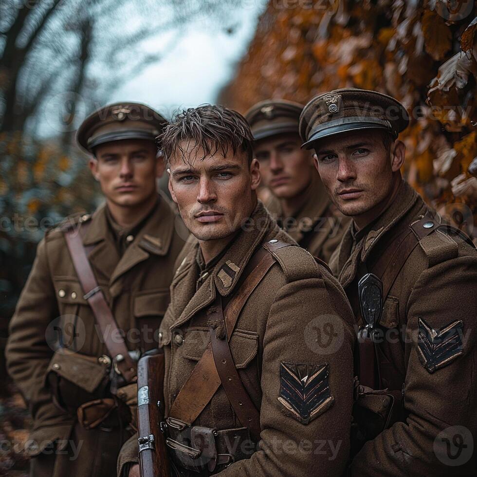 group of World War I soldiers stands together armed and dressed in period uniforms exuding a sense of unity and determination amidst an autumn backdrop. photo