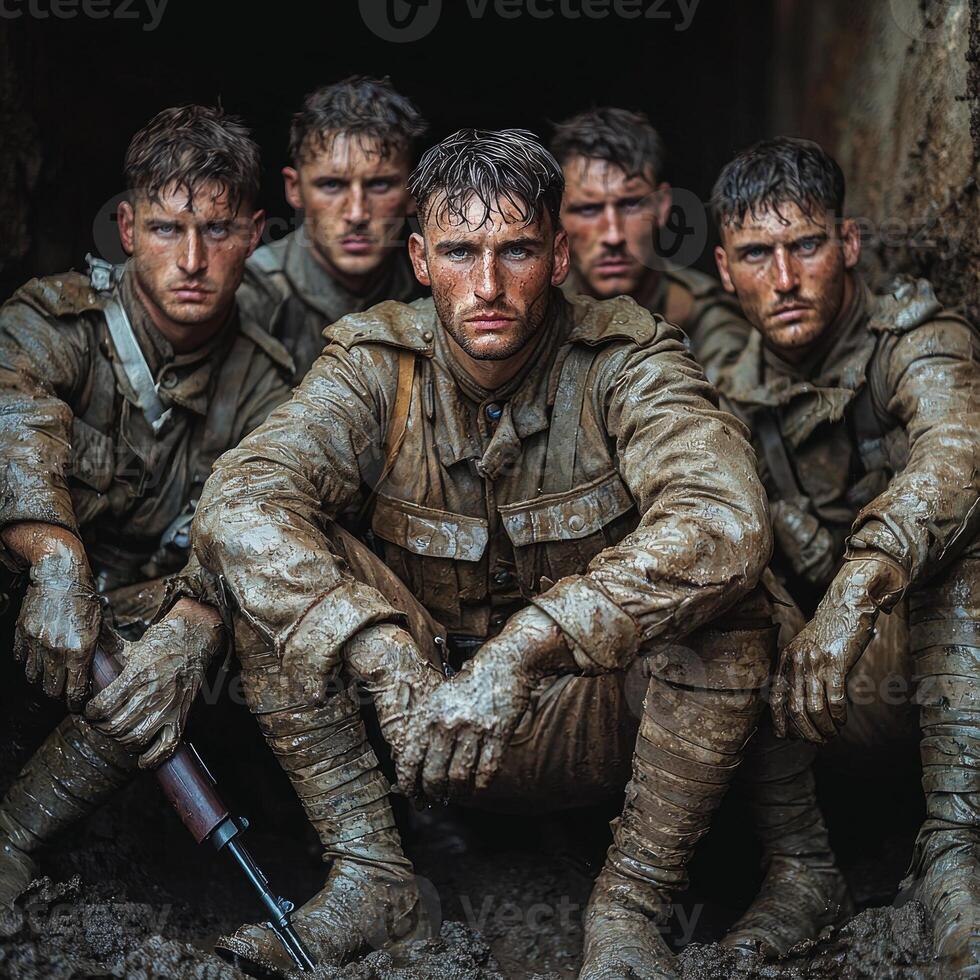 group of World War I soldiers displays camaraderie and determination posed with weapons amidst a muddy trench reflecting the hardships of wartime. photo