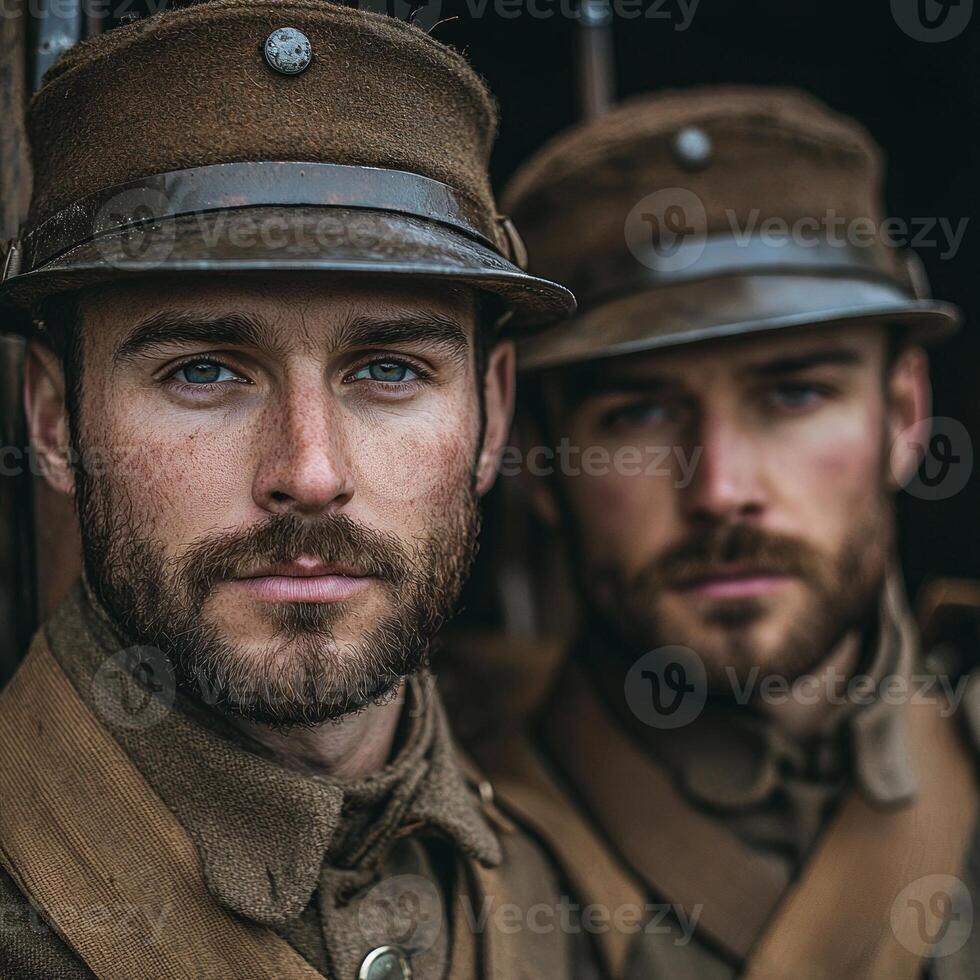 Two World War I soldiers stand close together dressed in period uniforms and holding their weapons. The atmosphere reflects a vintage style emphasizing their bravery. photo