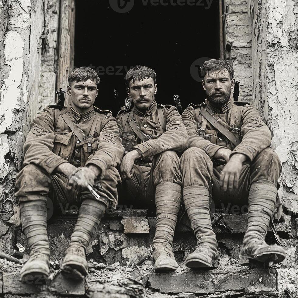 Three soldiers from the First World War sit on a crumbling wall wielding their weapons. They display a mix of determination and weariness representing the struggles of their time. photo