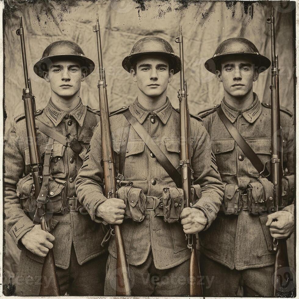 Three soldiers from World War I stand proudly with their rifles dressed in period uniforms that reflect the military style of the early 20th century ready for a newspaper feature. photo