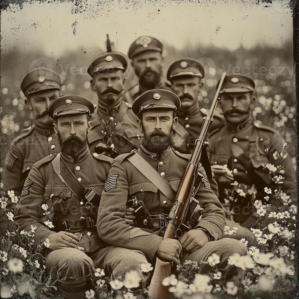 group of First World War soldiers stands proudly posing with their weapons in a field showcasing their uniforms and camaraderie in this retro portrait. photo