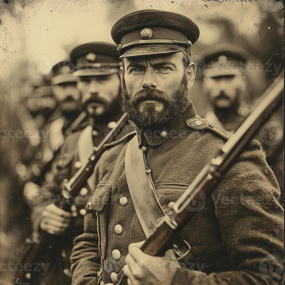 Brave soldiers from the First World War strike a proud pose with their rifles showcasing their uniforms in a vintage setting reflecting their camaraderie and commitment. photo